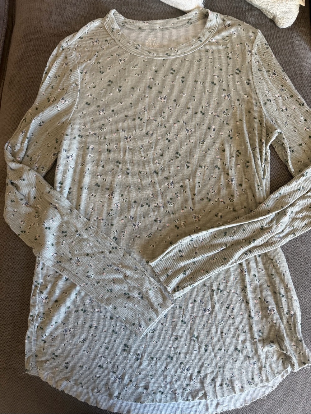 aerie Sage Green Ribbed Floral Ribbed Long-Sleeve Top